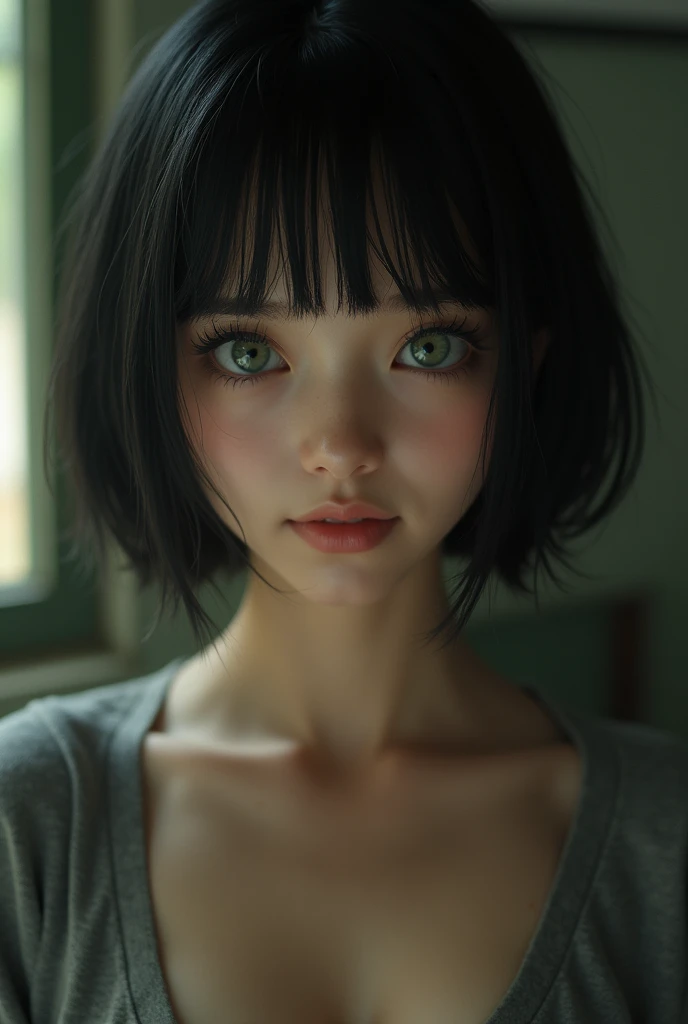 (Masterpiece: 1.2, Best Quality), Realistic, (Realistic Picture, Complex Details, Depth of Field), A girl in an old dormitory, gray shirt, short thin black panties, black hair, seductive smile, beauty, closeup portrait, green eyes 