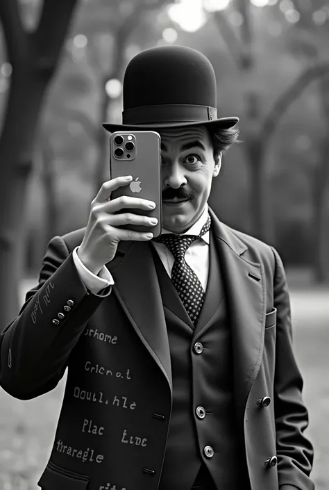 A black and white photo of Charlie Chaplin in the 1920s. He is wearing a posh suit with a words pattern. He is holding an iPhone 15 Pro to his face. The background is a park with trees.