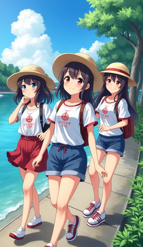 masterpiece, Highest quality, High resolution, Very detailed,(((Multiple Girls))), (((Three Girls)))、(((Straw hat。)))、(((smile)))、(((Waterfront)))、skirt, Shorts, plant, (((Japanese anime)))