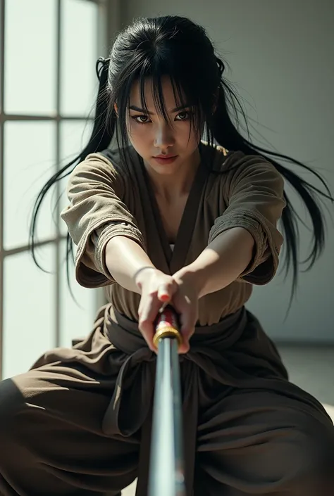 masterpiece、Highest quality、Super Rendering、Ultra-realistic、Beautiful Japanese Women、High definition face、Clean and delicate face、whole body、Crouching down and swinging a long sword with both hands、anatomically correct sword grip、Black hair twin tails, Gla...