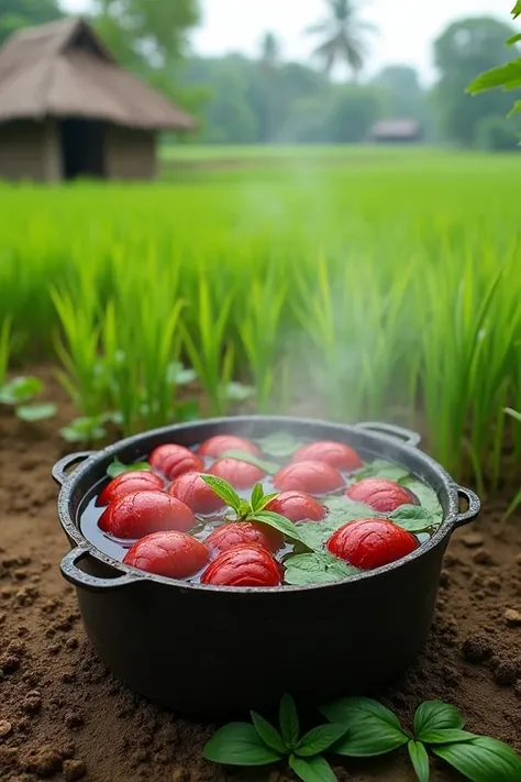 Create an image in the northeastern region of Thailand. A pot of boiling cherry snails with basil leaves placed in it. The atmosphere in the middle of a rice field where rice is just planted. The background is a hut in the middle of the rice field.