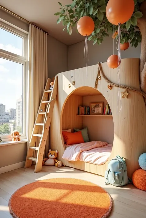 childrens room with pastel colors. Balloons hanging from the ceiling, a small ladder leading to the bed 1 meter and 40 centimeters above the floor, as if it were a tree house, rope bridge leading to a wooden side wall, childrens climbing wall, light wooden...