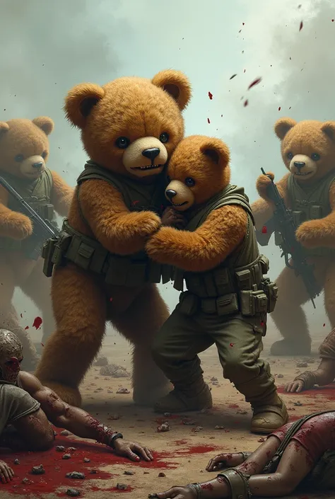 Hand-to-hand combat between teddy bears and humans、The two sides are in chaos、Many soldiers are lying on the ground