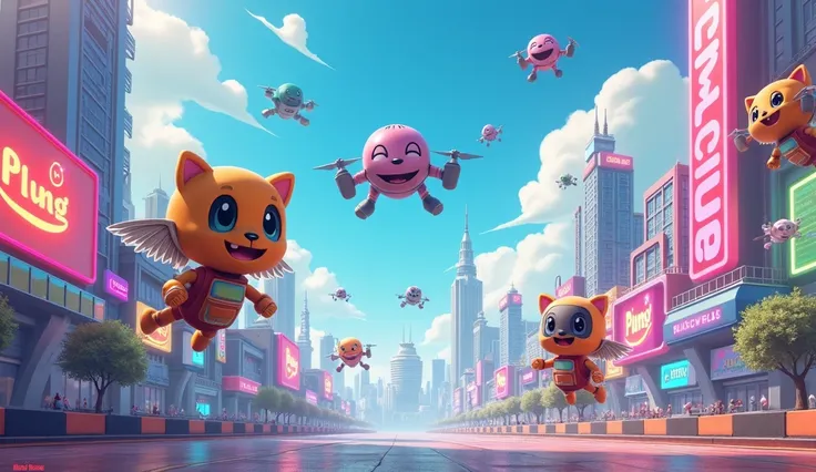 A futuristic, cybernetic city on a sunny day full of bright and colorful elements, with flying drones that look straight, smiling and friendly of different sizes and shapes. The scenery is vibrant and lively, with neon lights in shades of blue, pink and gr...