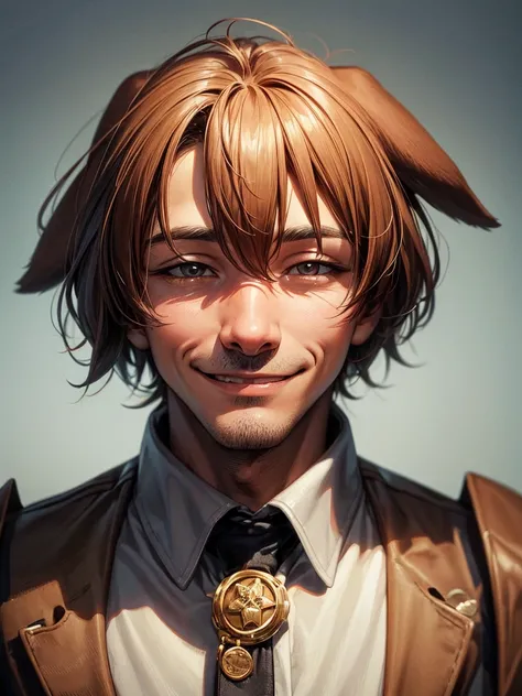 Top quality, dog man, dog face, looking at me, man, smiling, dog ears,