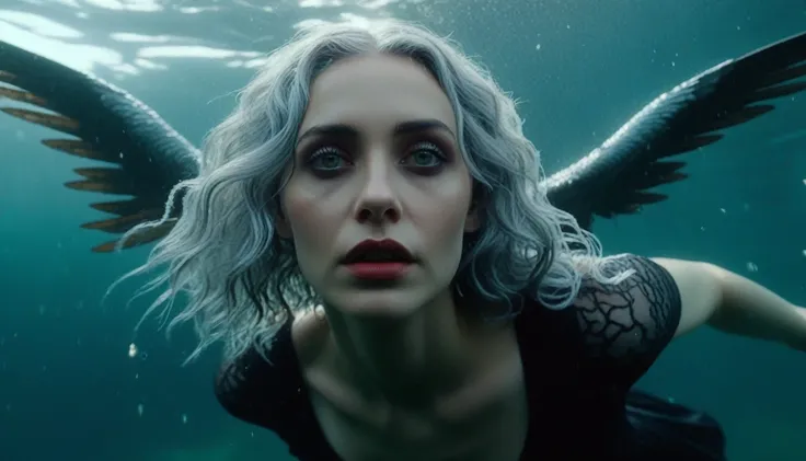 a goth with silver wavy hair, she has angelic wings she is drowning under water close up , cinematic film , videoclip musical