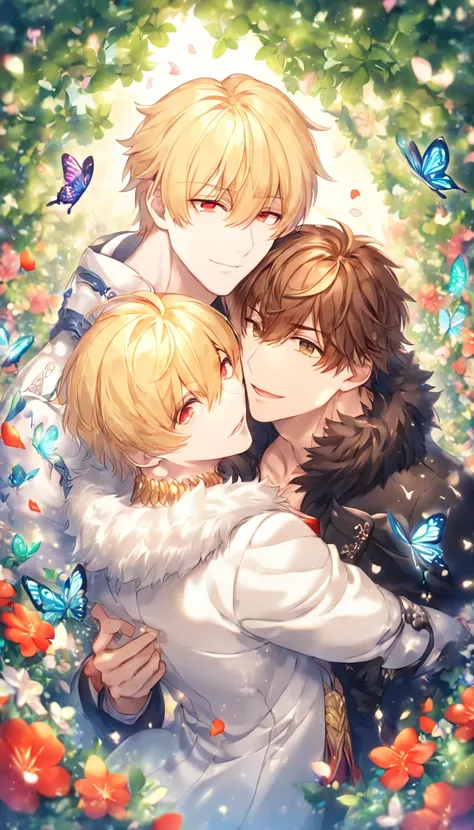 absurdres, highres, ultra detailed, HDR, master piece, best quality, extremely detailed, delicated features, Gilgamesh, blonde hair, expressive red eyes, Fate Extra CCC, Kishinami Hakuno, brown hair, expressive brown eyes, two sexy men together, yaoi, gay ...