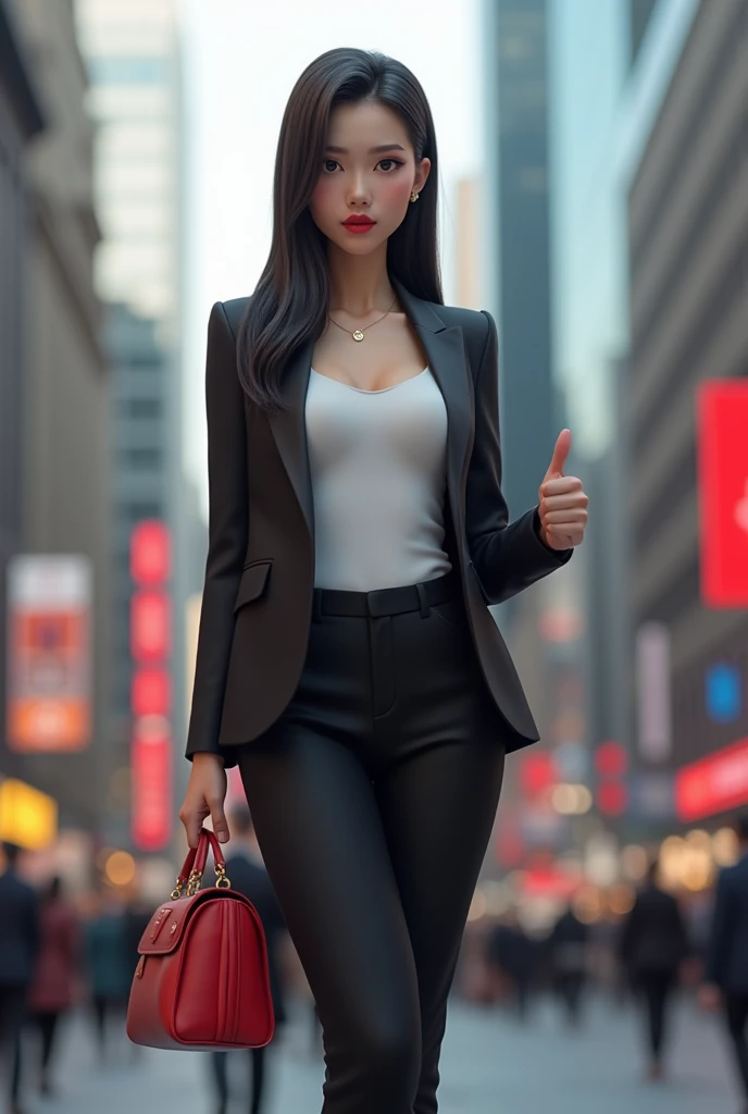 young woman, Pretty,  black hair light skin, straight hair, red lipstick red handbag black jacket, black trousers, White top, black high heels.
Looks tired and gives a thumbs up. She is a 3d figure but looks almost like a real person She is in the city 


