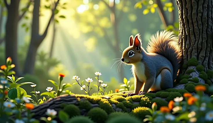 ３A squirrel is relaxing in a bright forest
