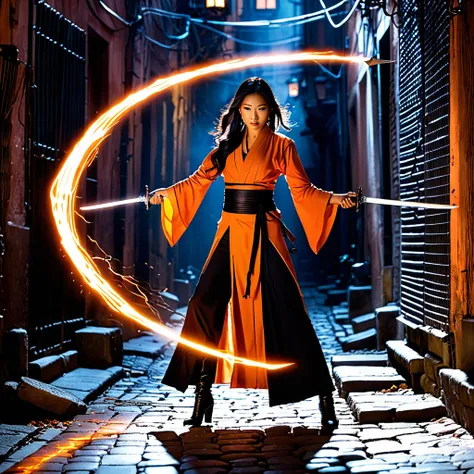 A beautiful Asian female magic swordswoman with orange effects emanating from her blade, standing in the center of a narrow alleyway, casting a spell, with beams of light shooting up from the ground and illuminating the background, intense focus in her eye...