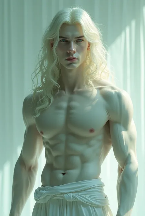 An adult man with long blond hair and blue eyes with aqua green and very white skin,  very beautiful and with a lot of muscles. 