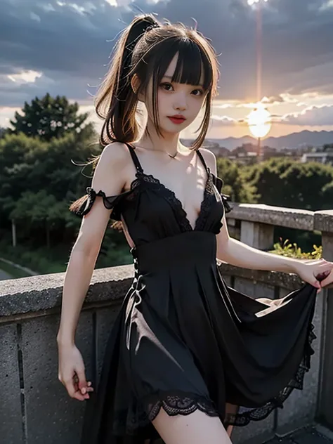 8k, RAW Photos, Realistic, (Detailed skin, Highest quality:1.2), Seductive Succubus, (Black wings), With black angel wings、Japanese teenage girl flying high in the evening sky, ((Black evening dress, Black lace dress, Long dress)), (((Flat Chest:1.4))), (L...