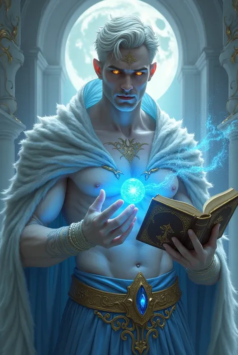 extremely handsome and sexy man created from white stone, His skin and body are made of white alabaster his eyes are bright gold, in the middle of his chest he has a round gem that glows blue, and in the middle of his forehead he has a diamond that shines ...