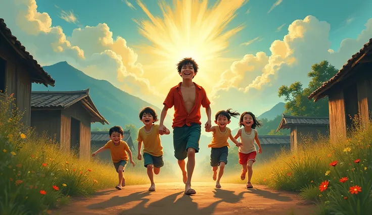 cartoon a A Vietnamese poor village, a poor young man with a few poor children clinging to him, run after him. Everyone was very happy. light coming from the sky, in the style of layered fabrications, ethereal nature scenes, intricate webs, cyclorama, nati...