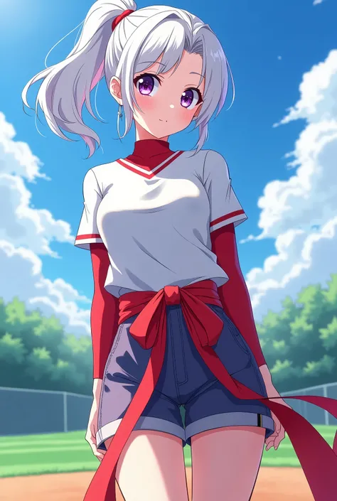 HD、Animation style、white hair 、Purple Eyes、girl、High school student 、single ponytail、Baseball player、Light color short sleeve top、Long sleeve red underwear、plump breasts、Good shape、Thin、sash、Sky、cloud、sunny、Baseball field