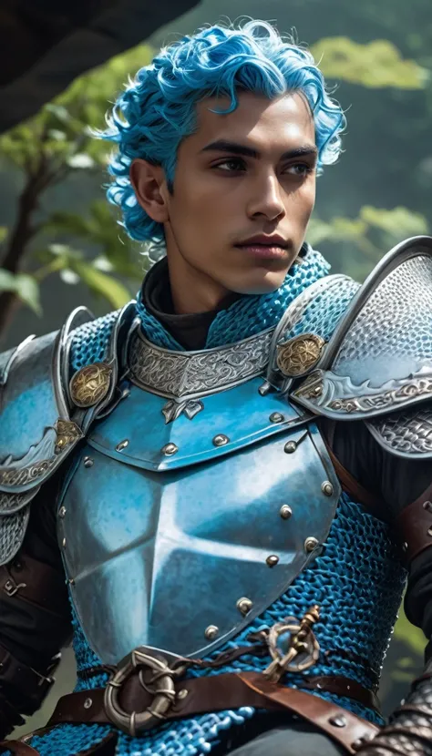 A male water Genasi Cleric, chainmail armor, light blue skin, from the tabletop RPG Dungeons and Dragons. Death scene, he is lying in his back, looking up at the sky