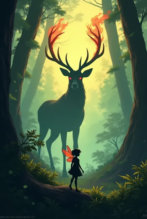 book cover for a taming pet world make it in the scene of forest and remove the other living things except a silhouette of a thumb-sized Fairy and a silhouette of a flaming deer which eye color is red and only the head with exquisite antlers is seen in the...