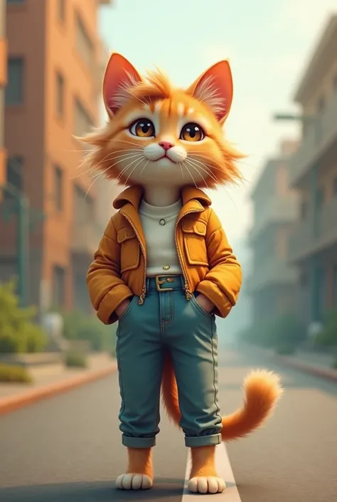 There is a cat, she is standing on the road, she is wearing a pant and shirt, she has a cute figure and her hair is long and loving like a girls and she has made two buns for him. 