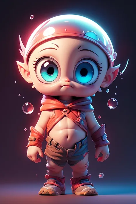 Create a monster image, a small, big-headed, baby monster.. The body is transparent and can be seen through. The image is sharp and detailed., with beautiful colors.. With arms, leg, eyes, mouth, พื้นหลังสีlegว