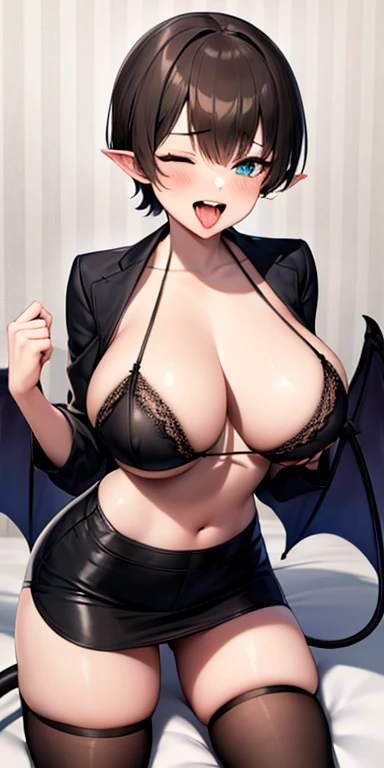 1girl, mature female, shiny skin, (masterpeice), (wallpaper), (high quality), (absurdres), camille,black bra, black legwear, black panties, blush, bra, breasts, brown hair, cleavage, one eye closed,tongue out, demon girl, demon tail, demon wings, frills, h...