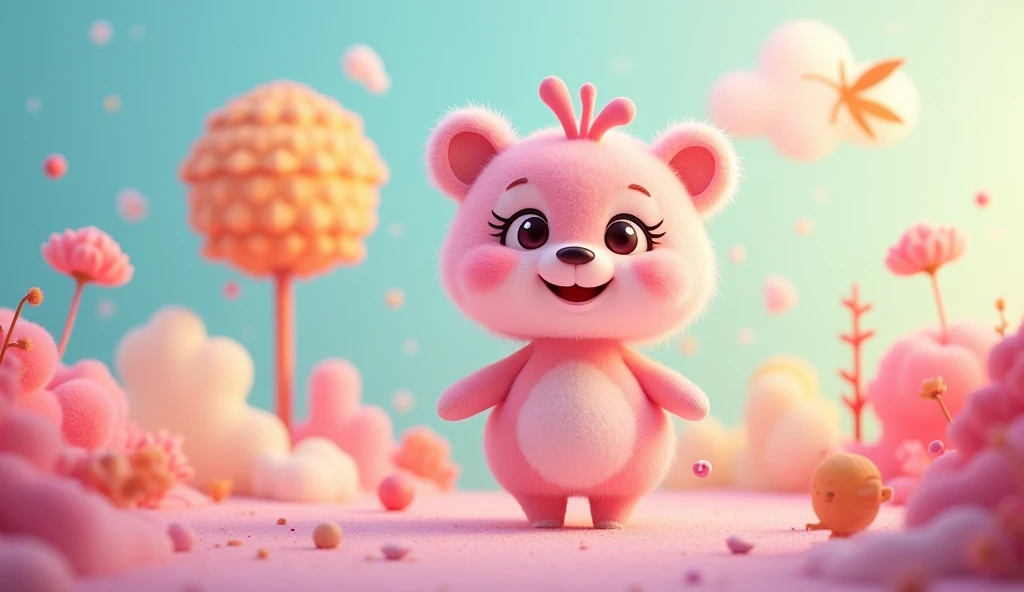 A cute cartoon character, colorful pastel background, simple shapes, whimsical, lively music, upbeat tempo, high energy, cheerful, happy, vibrant colors, playful, joyful, sweet, adorable, imaginative, fun, engaging, dynamic, stylized, playful, lighthearted...