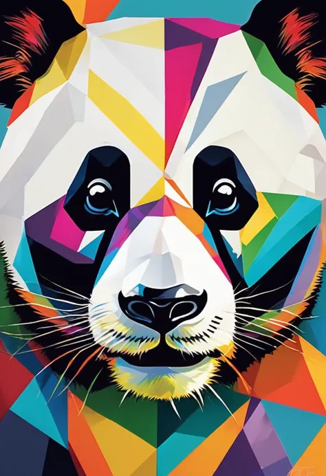 A close-up of a panda painted in the Cubist style, its expression emphasizes geometric shapes and angles, and is composed of vibrant colors.