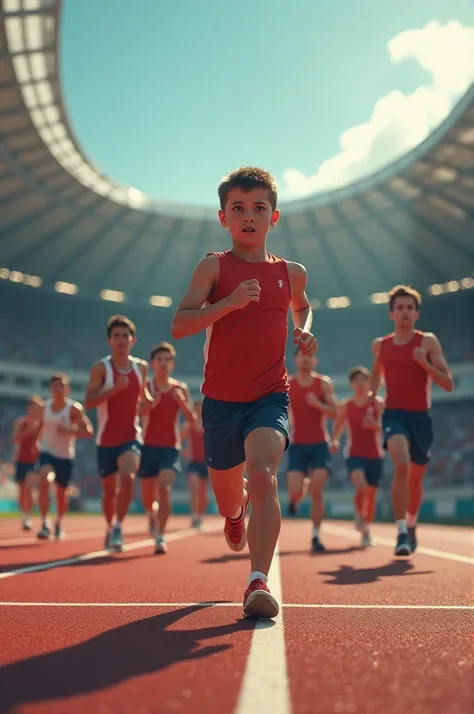 
The Others Stop: The eight other contestants, having heard the boy cry, begin to slow down. They are all in different stages of stopping, some already looking back toward the boy, others still pausing mid-race, with the stadium in the background.