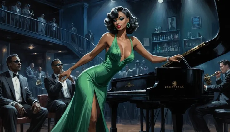 alabama bar, blue note, charismatic, baterist, pianist, saxophonist, jazz band, green dress, illustration, noir fantasy, sexy lady, 