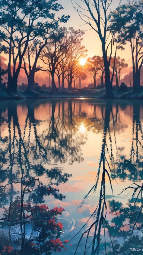 Sunset，The old tree by the river stands quietly，Tree roots deep into the soil，Beautiful reflections on the water。The clear river flows slowly，Sparkling，Silhouetted by trees。Sunlight shines through the gaps in the leaves，Sprinkle on the surface of the water...