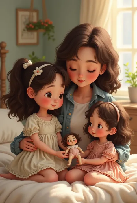 Brunette mom with pastel colored flannel playing with pretty rag dolls with button eyes in flower dresses with pretty smile with her two brunette daughters with curly hair in bedroom room 