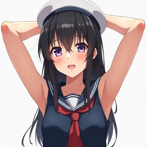 a 1 teenage anime girl in sleeveless navy colored sailor uniform, short navy skirt, exposed bare arms, plain background, long hair, black haired. well toned arms, hairs behind shoulders, mostly covered midriff, white sailors hat, navy uniform, raising arms...