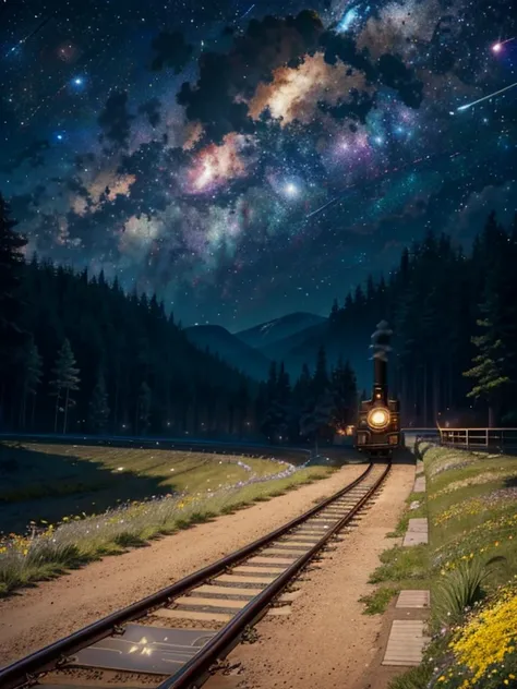 Night on the Galactic Railroad, (A steam locomotive runs along a track that leads into space, A fairytale steam locomotive running through the starry sky), Here and there the windows shine with yellow light, ((((The ground Surface is space:1.4)))), Lots of...