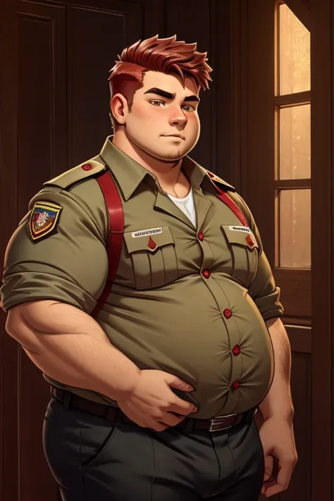 Teen boy, 18 yo, closeup 
dark red hair, detailed, fat, morbid obesity, shirt, colonel, soldier uniform , tight clothes , button pop, В профиль, 