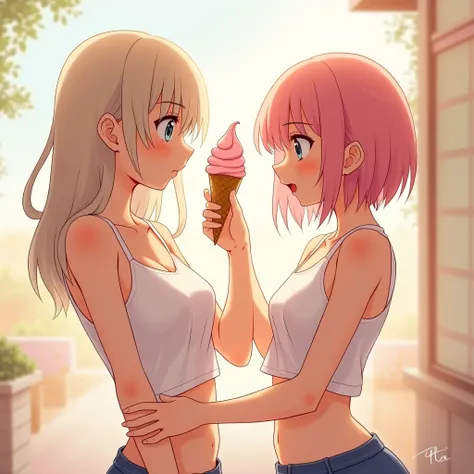 two anime girls, first girl is wearing a white tank top and is raising arms, showing armpits. the second girl is wearing a pink tank top, holding an ice cream, teasingly touches the ice cream onto the first girls armpit.