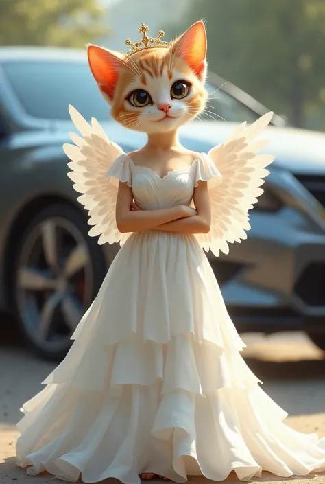 There is a cute young cat and she has a lovely clean figure and she is wearing a lovely white colored gown with a crown  covering and she has her hands on her waist and she is standing near the car 