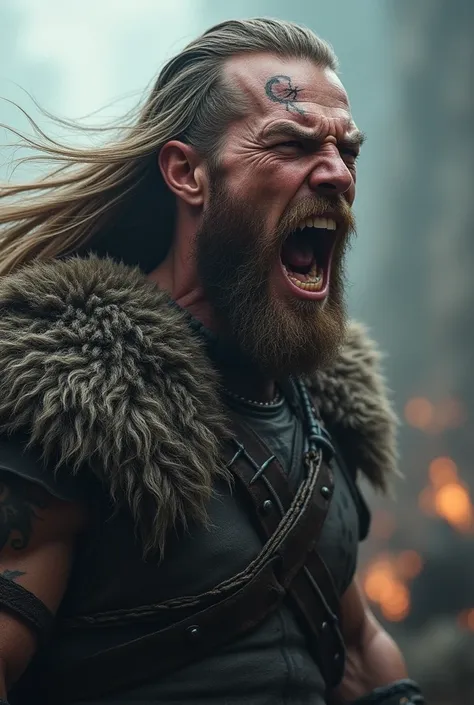 A realistic viking with a slightly turned face shouting with his straight teeth showing with a ygdarsil tattoo around his eye and with his eyes open and long hair shaved on the side 