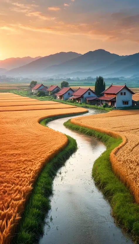 Sunset，The skyline is dyed a warm orange。On the vast fields，The wheat waves roll gently in the evening breeze，Every ear of wheat sparkles with golden light。village houses，The tiles on the roof glowed a faint red in the sunset，In sharp contrast to the golde...