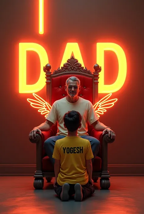 Create a 3D illustration for a profile picture where a 30 year old boys dad is sitting on King throne with casually western dress. The boy is worshiping his dad. Boy is wearing a yellow T shirt. Name is written " YOGESH " on boy t shirt. and also in Big an...