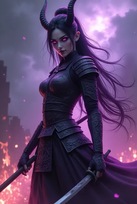 (best quality,4k,8k,highres,masterpiece:1.2), ultra-detailed, (realistic,photorealistic,photo-realistic:1.37), terrifying purple demon girl with the appearance of a samurai, possessing a beautiful face and slender body, holding a sword. [demonic], [samurai...