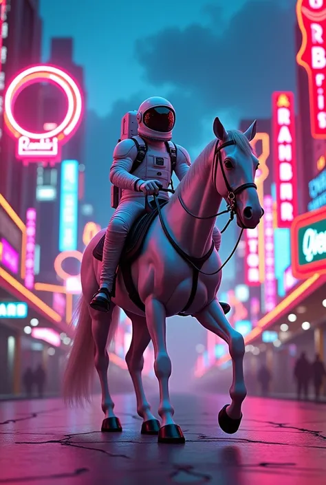 A hyper-detailed, futuristic, neon-themed 3D render of a neon rodeo street in downtown. The scene merges a striking image of an astronaut riding a horse with the vibrant and colorful neon lights. The astronaut, wearing a sleek, high-tech spacesuit, rides a...