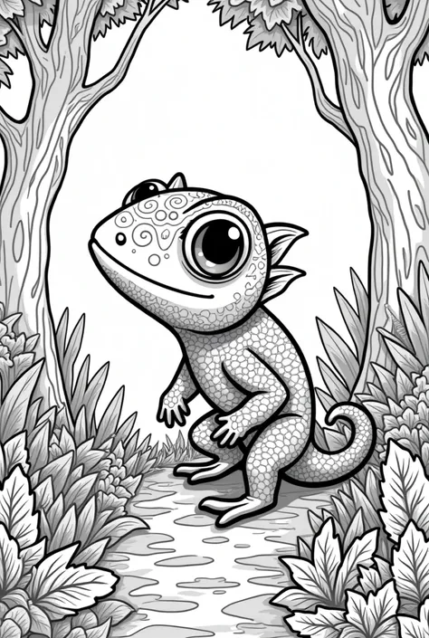 coloring page cute bunglon as he roams through the forest and trees black and white