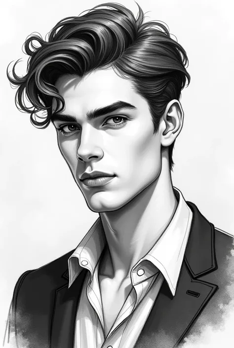 make a boy image which is super handsome, and mesmerizing look (make this a  sketch for a book making so same character use always) he looks hot and like small eyes and looks like he came from a rich family (half body) (and hes named as jake)