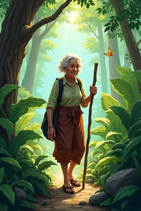 Old lady going to jungle for brought a wood with happy