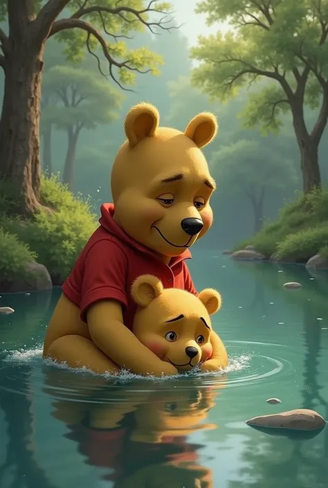 Christopher robin crying but trying to hide his tears drowning Winnie the pooh in a lake