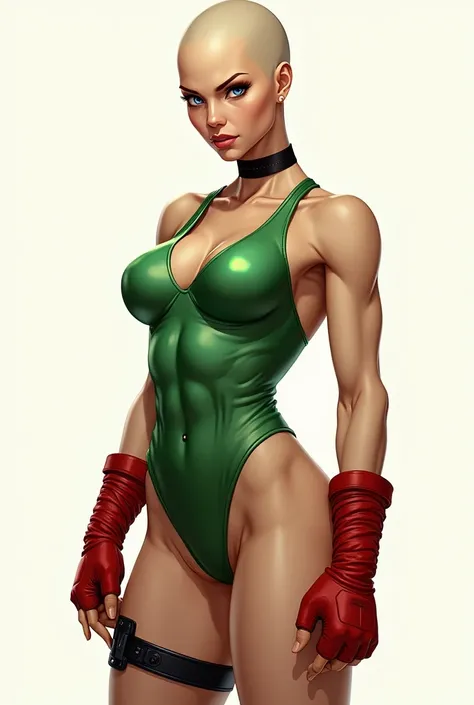 Cammy White . The character has light skin, blue eyes, and bald no hair . She is a green leotard, red fingerless gloves, and black combat boots.