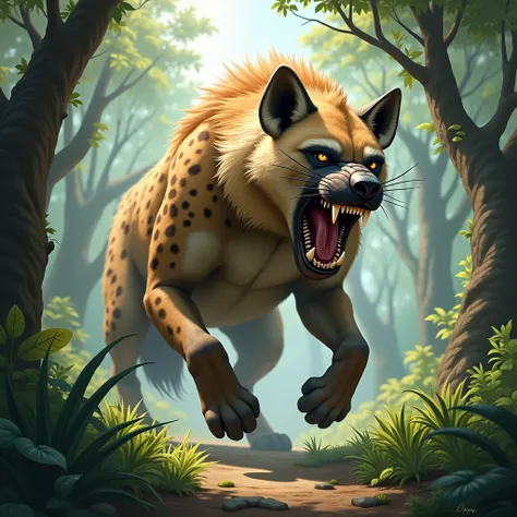 Show a huge Hyena in a forest with its mouth open in anger