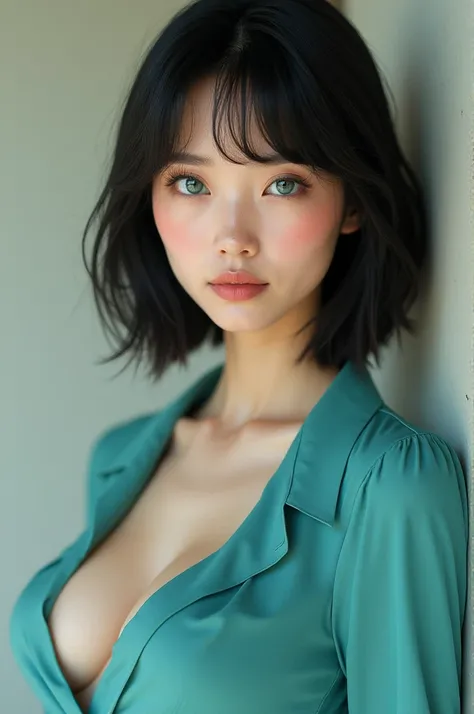 Beautiful and delicate Asian woman with fair skin and freckles who has heterochromia condition (with one eye emerald green and the other light blue) short straight black hair flowing down chin length with realistic bangs full body well dressed in turquoise...