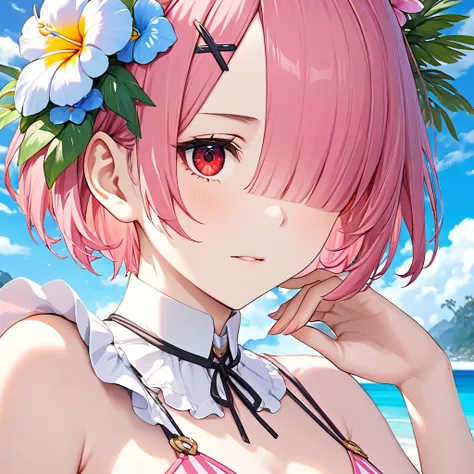 ram, ram,re:null, 1girl, pink hair, short hair, hair over one eye, red eye, chest、比基尼, striped, pink swimsuit, hair flower,  hai...