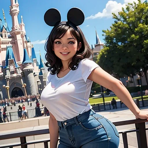 Sunny day in front of Cinderella Castle at Disneyland Paris. Spotlight, A curvy 30 years old latina girl, curly short brunette, wearing casual sexy clothes and a mickey mouse ears headband, poses for the viewer.