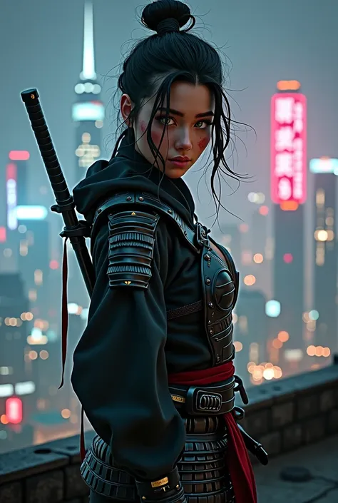 A brunette green eyed woman with heaphonea dreased like a samurai holding in her hands a katana her eyes are full of determination and has some blood from their other enemies, the ambance is in a terrace of a building and we can see the lights of the city ...